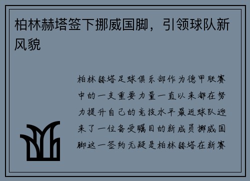 柏林赫塔签下挪威国脚，引领球队新风貌
